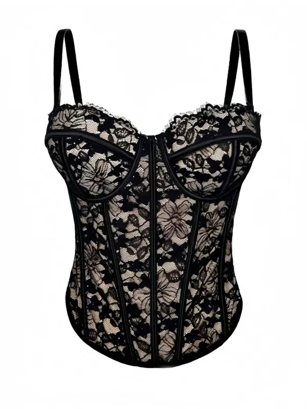 Black 1970s Lace Floral Herringbone Corset sold by Retro Stage