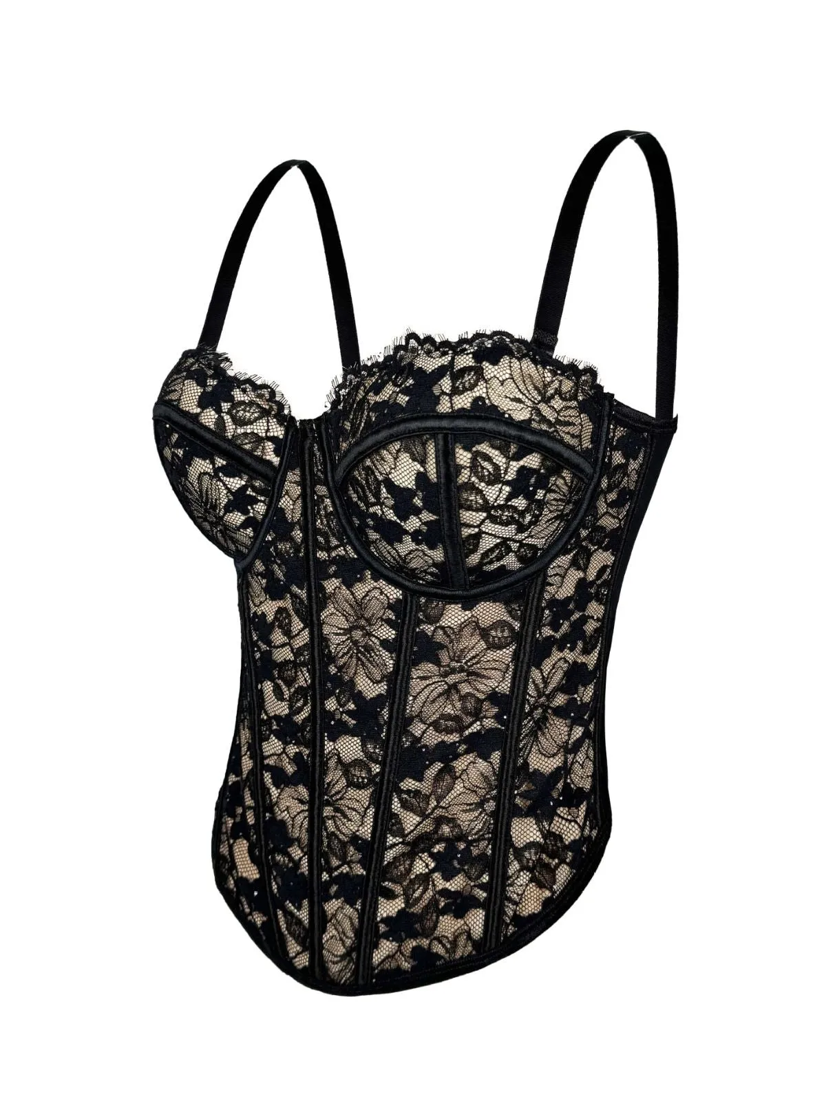 Black 1970s Lace Floral Herringbone Corset sold by Retro Stage product image thumbnail 2
