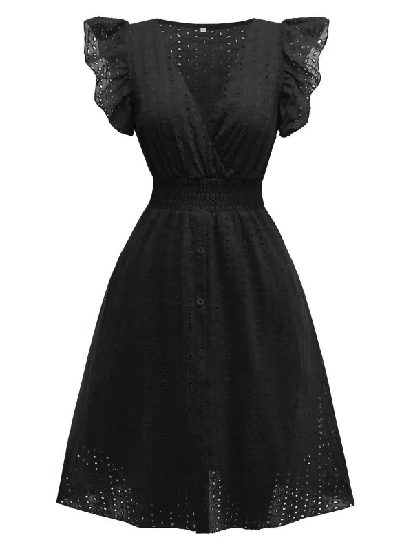 1940s V-Neck Cutout Cotton Smocked Ruffled Dress sold by Retro Stage