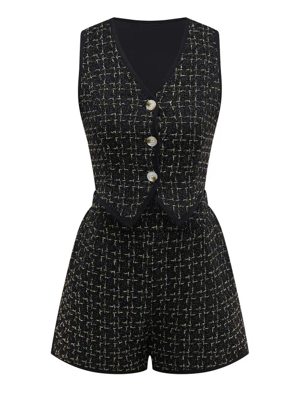 2PCS Black 1970s Tweed Plaids Vest & Shorts sold by Retro Stage