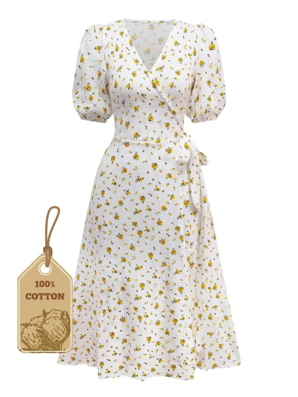 White 1940s Ditsy Floral Cotton Wrap Dress sold by Retro Stage