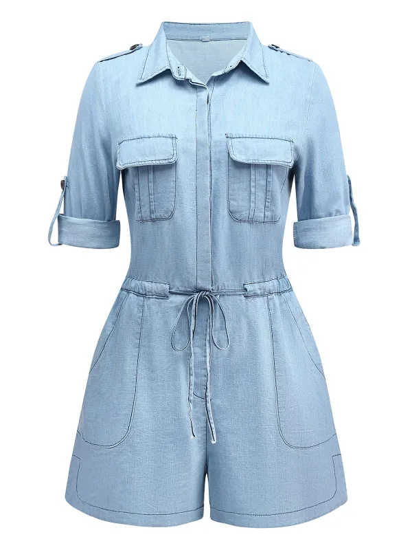 Light Blue 1950s Denim Button Lapel Romper sold by Retro Stage