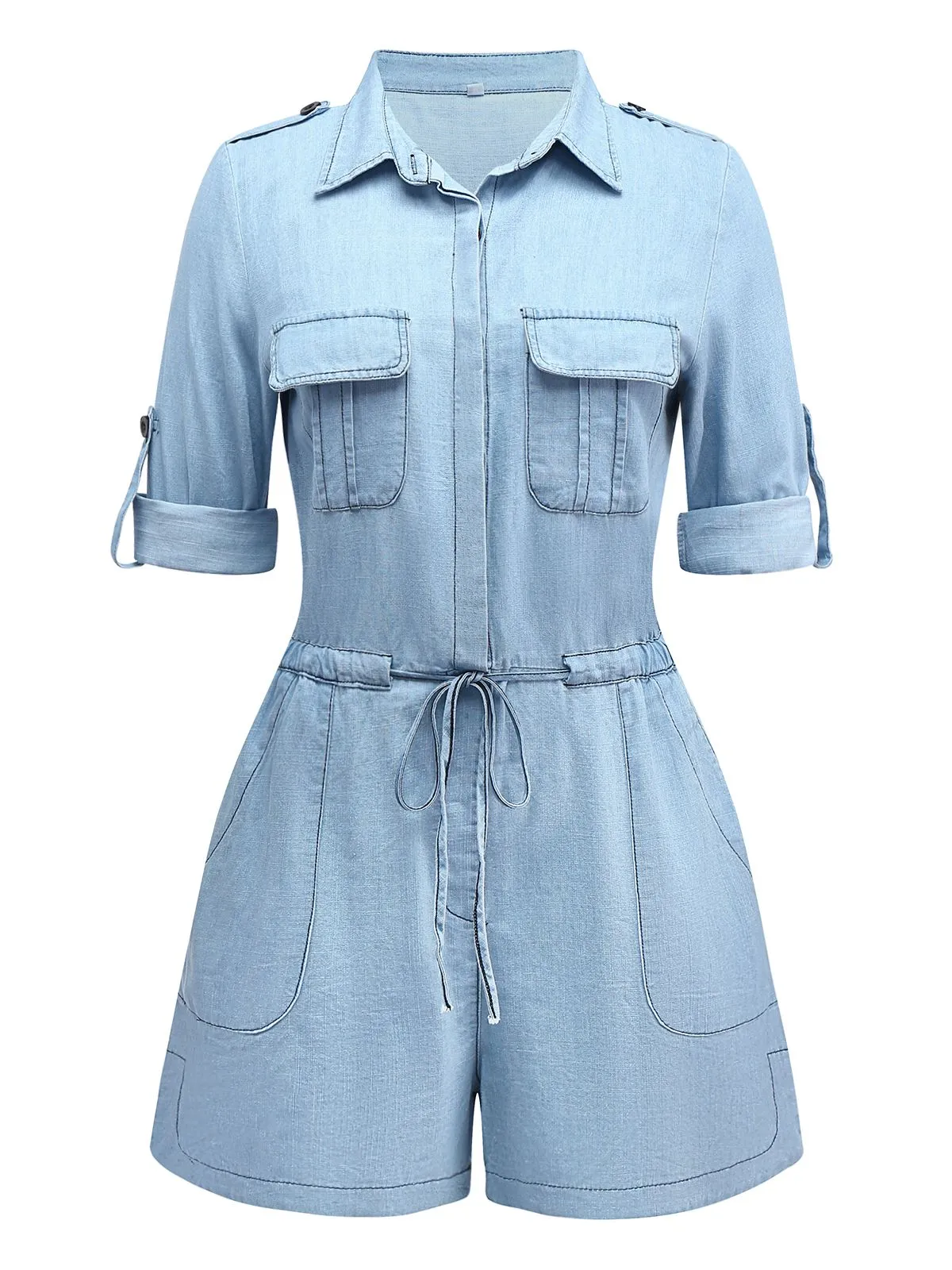 Light Blue 1950s Denim Button Lapel Romper sold by Retro Stage