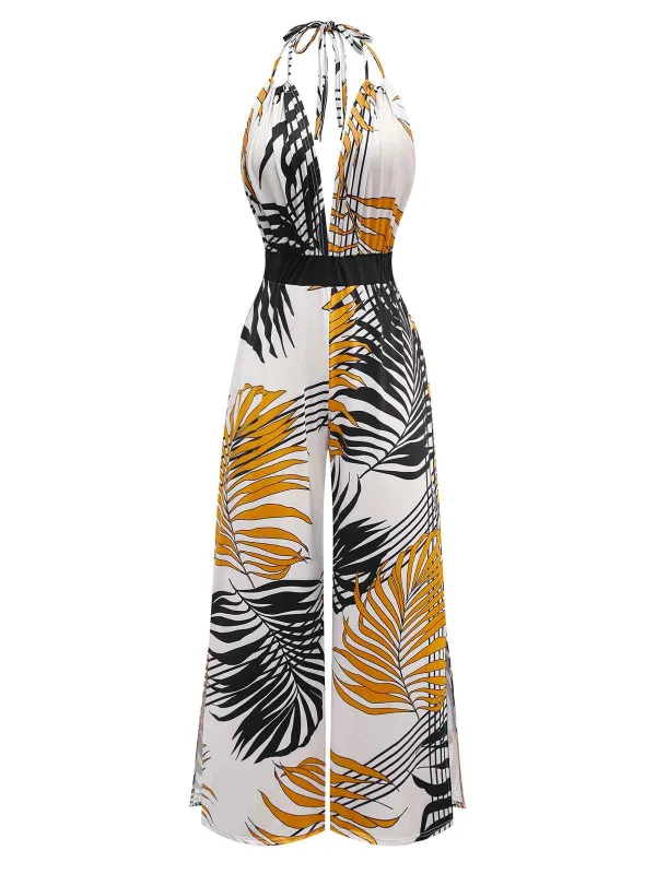 1970s Boho Floral Lace-up Halter Jumpsuit sold by Retro Stage