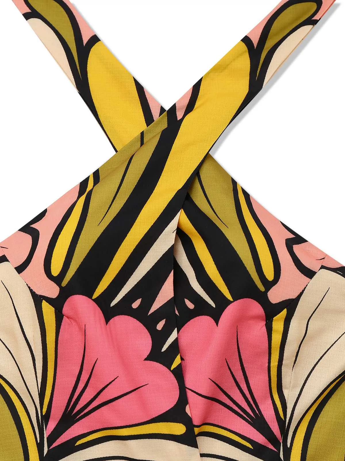 1970s Boho Halter Floral Belted Backless Dress sold by Retro Stage product image thumbnail 3