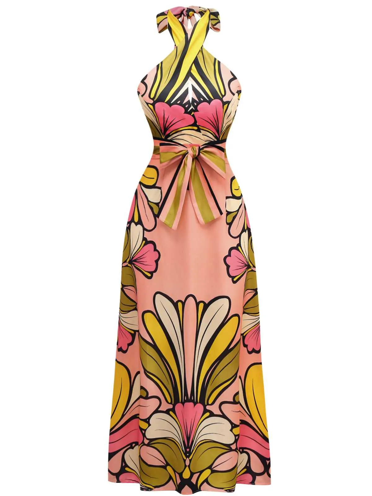 1970s Boho Halter Floral Belted Backless Dress sold by Retro Stage