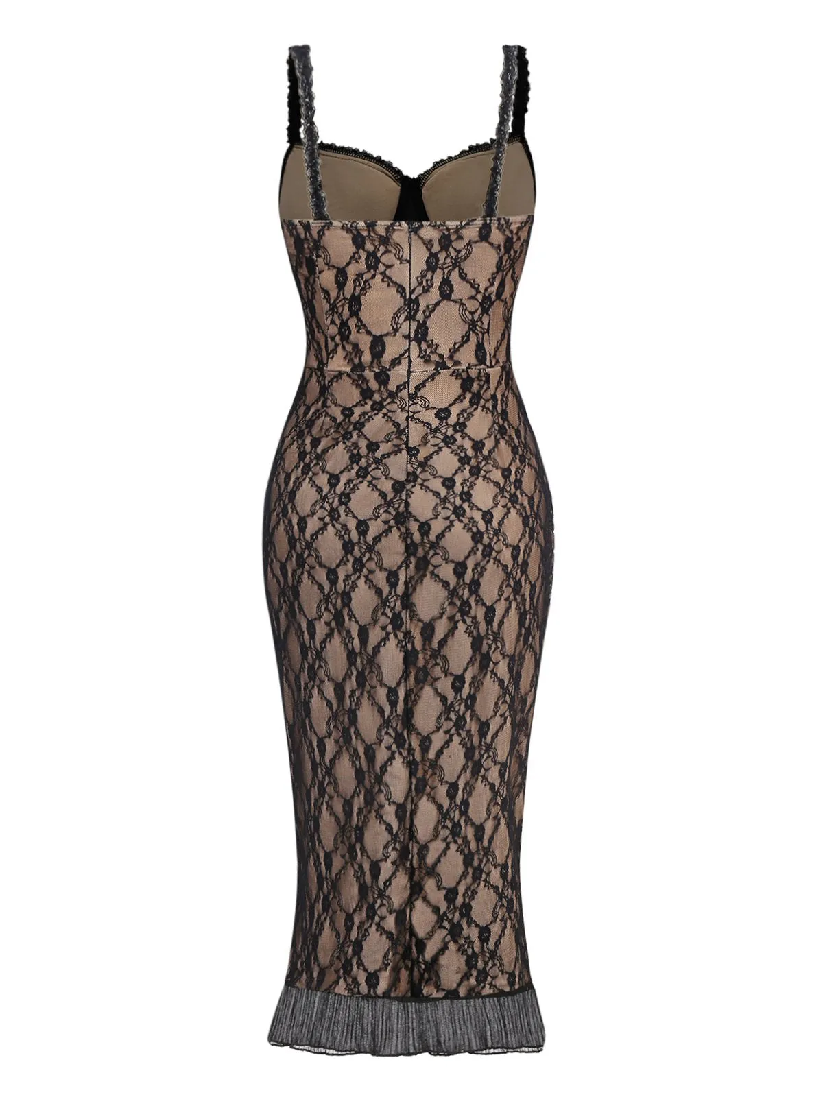 Khaki 1960s Lace Patchwork Spaghetti Strap Bodycon Dress sold by Retro Stage product image thumbnail 2