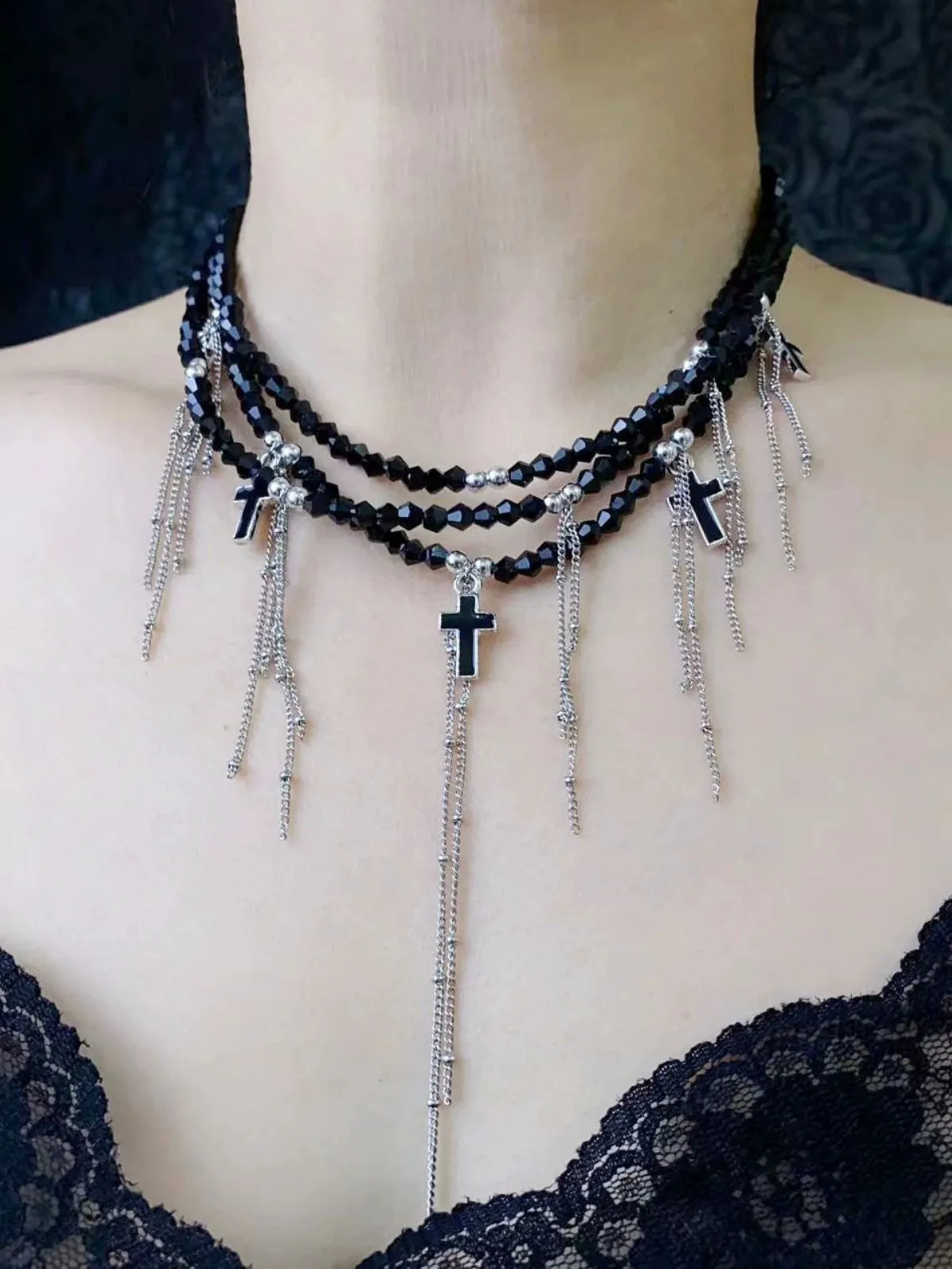 Gothic Fringe Cross Charms Layered Bead Necklace sold by Retro Stage product image thumbnail 2