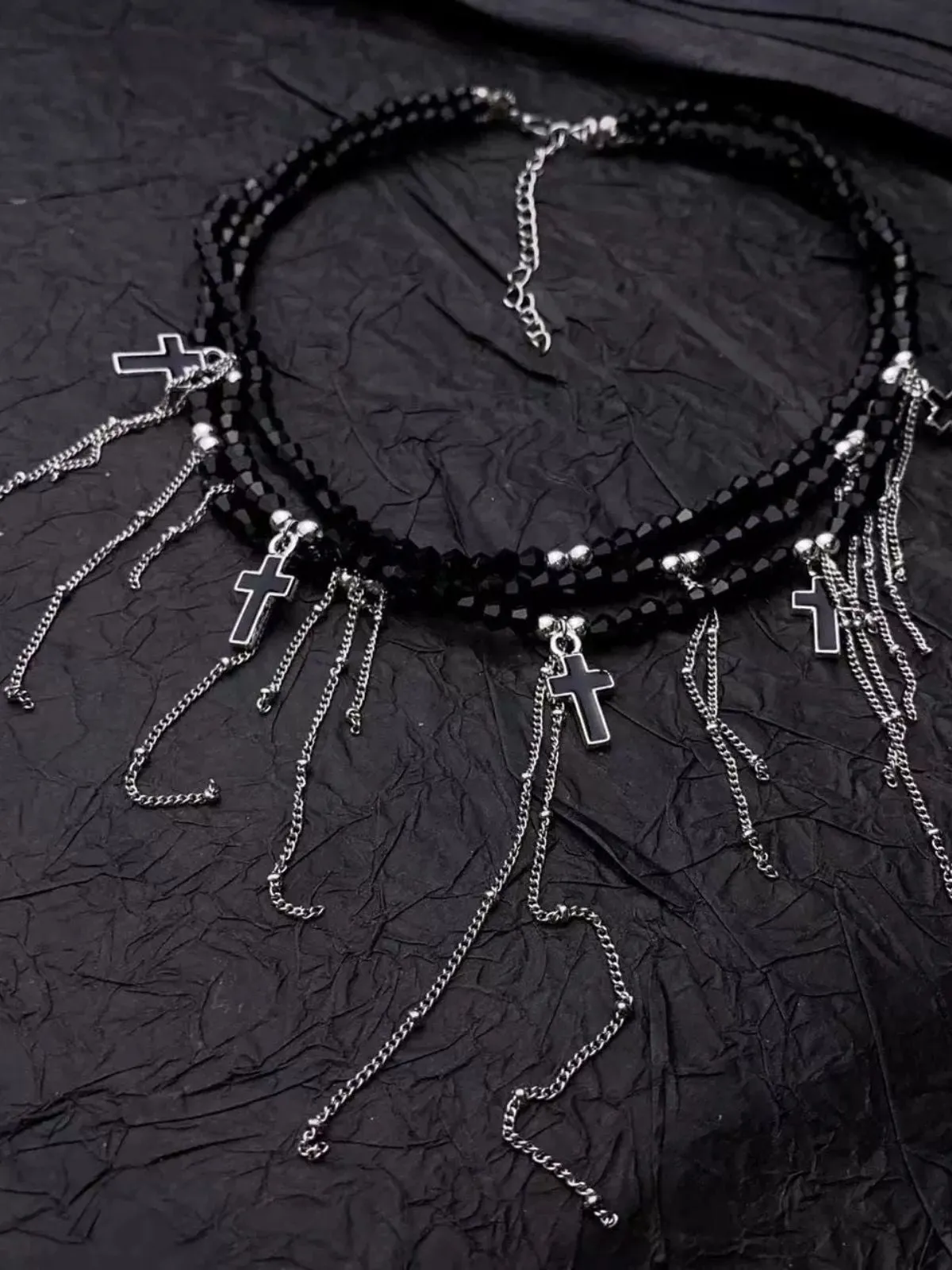 Gothic Fringe Cross Charms Layered Bead Necklace sold by Retro Stage product image thumbnail 3