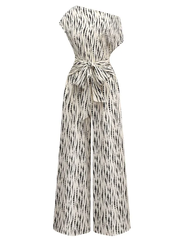 White 1940s Ink Stains Oblique Neck Jumpsuit sold by Retro Stage