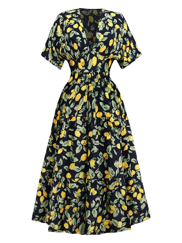 Yellow 1950s Lemon V-Neck Smocked Chiffon Dress sold by Retro Stage