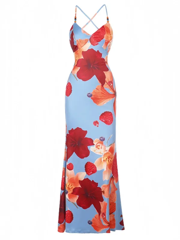 Red 1930s Floral Backless Slip Maxi Dress sold by Retro Stage