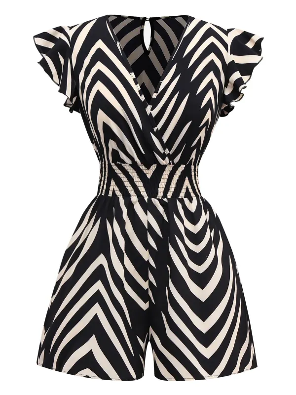 Black 1950s Zebra Striped Ruffled Waist Romper sold by Retro Stage