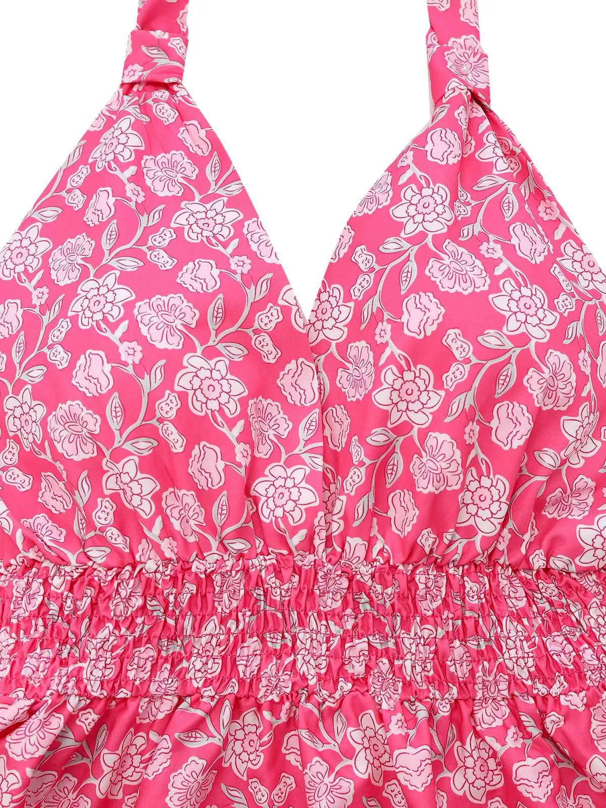 Peach Pink 1960s Smocked Floral Halter Dress sold by Retro Stage product image thumbnail 3