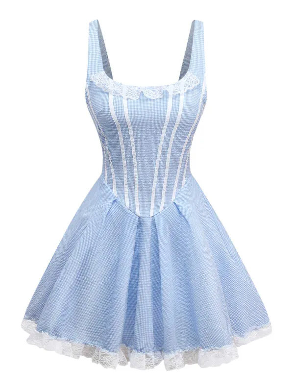 Light Blue 1950s Slip Gingham Lace Dress sold by Retro Stage