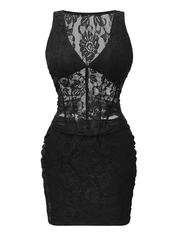 2PCS Black 1960s Lace Floral Sheer Top & Skirt sold by Retro Stage