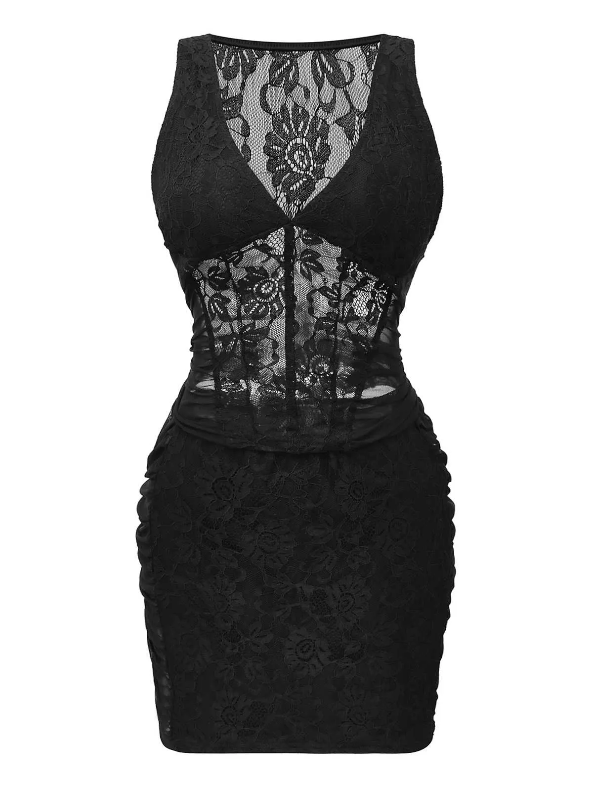 2PCS Black 1960s Lace Floral Sheer Top & Skirt sold by Retro Stage