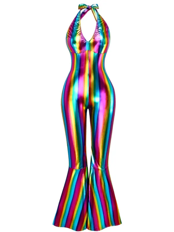 1970s Rainbow Colorblock Disco Halter Jumpsuit sold by Retro Stage