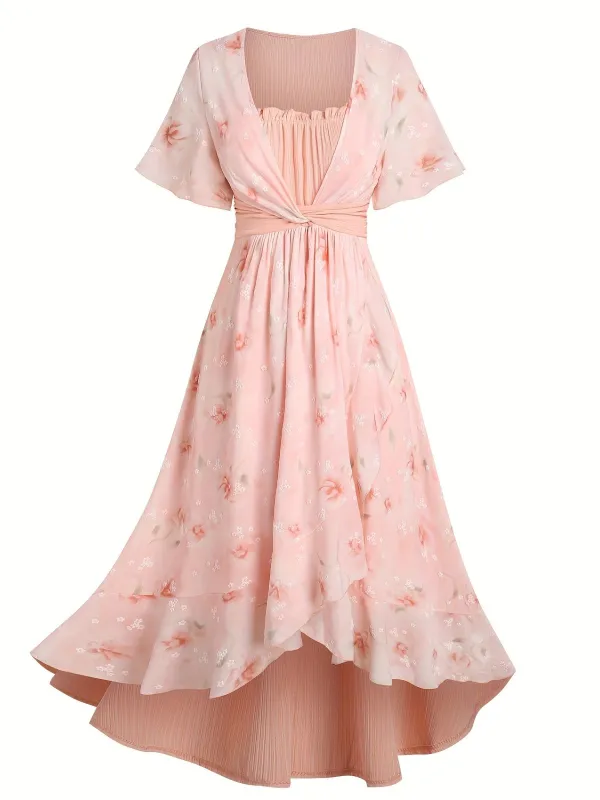 [Plus Size] Pink 1970s Floral Ruffled Irregular Hem Dress sold by Retro Stage
