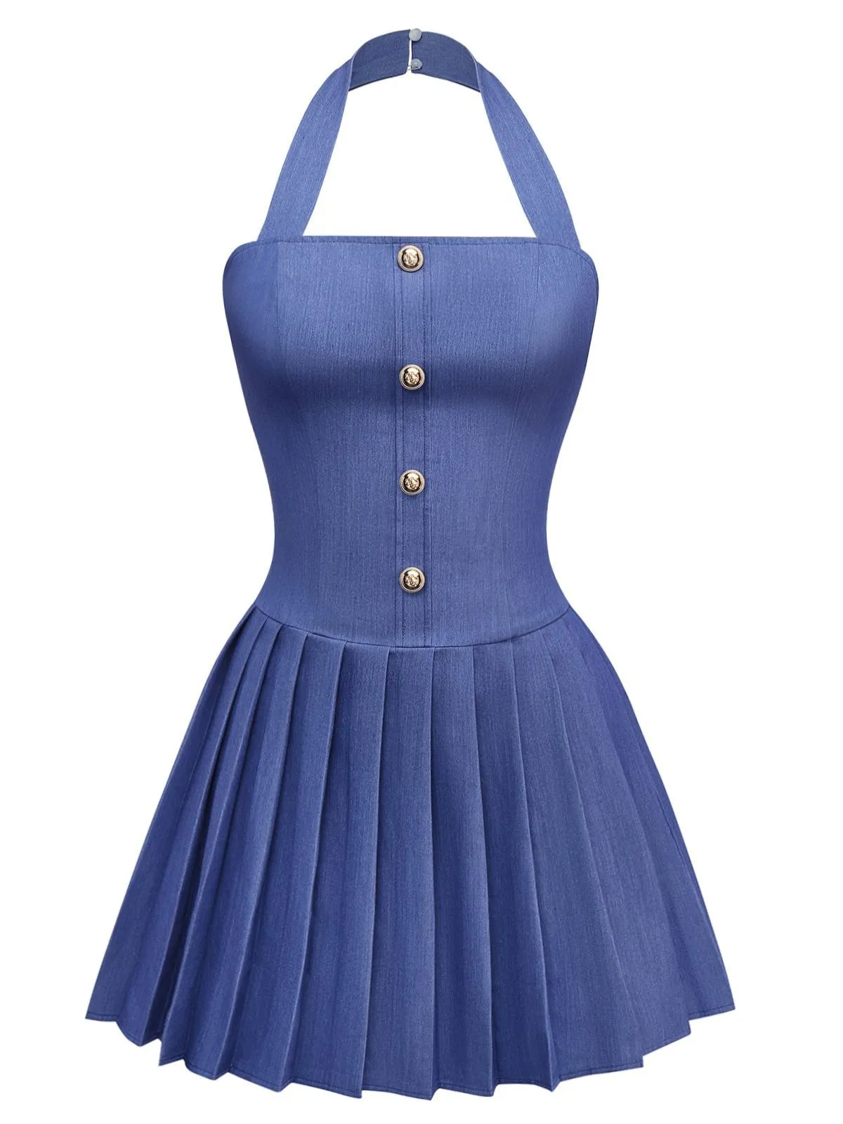 1960s Denim Halter Pleated Button Mini Dress sold by Retro Stage product image thumbnail 5