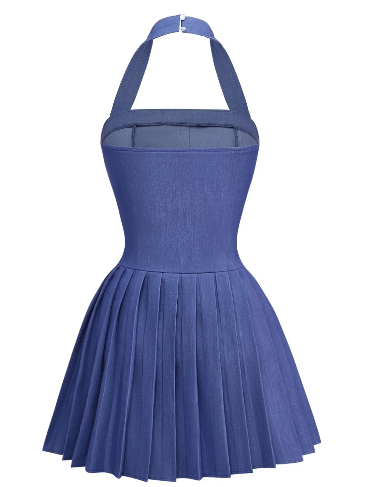 1960s Denim Halter Pleated Button Mini Dress sold by Retro Stage product image thumbnail 2