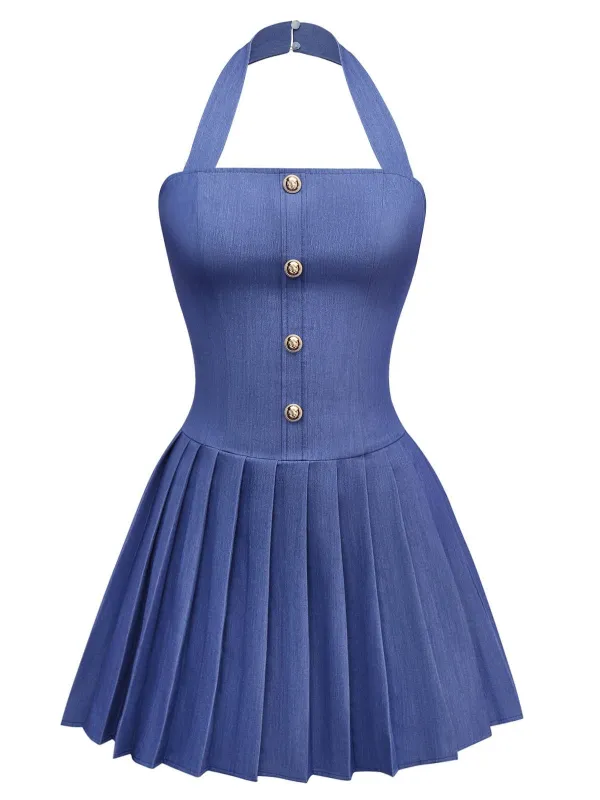 1960s Denim Halter Pleated Button Mini Dress sold by Retro Stage