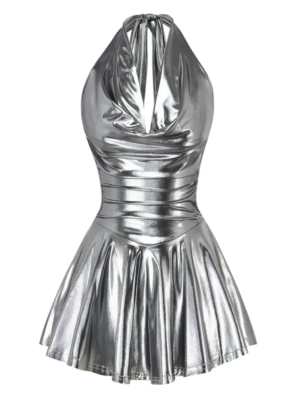 1970s Metallic V-Neck Pleated Mini Dress sold by Retro Stage