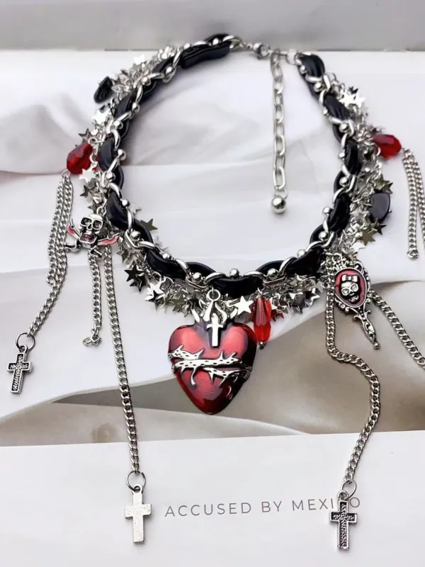 Gothic Thorns Heart Leather Cross Tassel Choker sold by Retro Stage