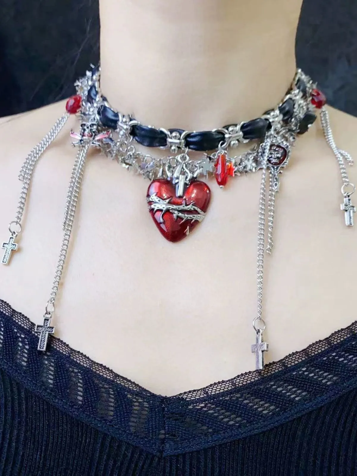 Gothic Thorns Heart Leather Cross Tassel Choker sold by Retro Stage product image thumbnail 3