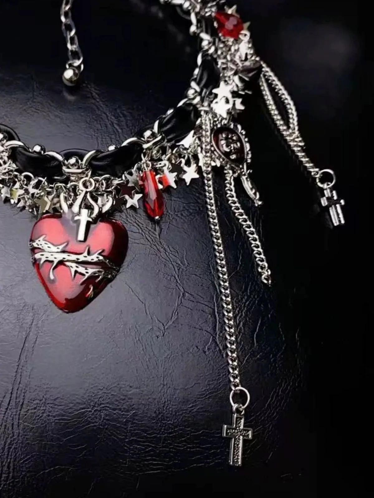 Gothic Thorns Heart Leather Cross Tassel Choker sold by Retro Stage product image thumbnail 2
