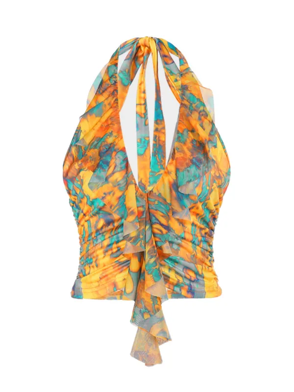 Yellow 1960s Flame Halter Ruched Top sold by Retro Stage