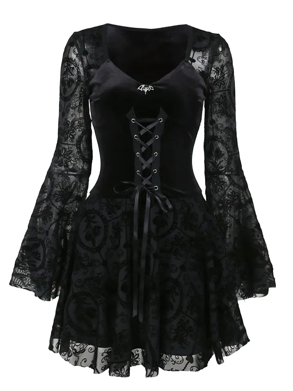 Black 1960s Gothic Flocked Dress sold by Retro Stage