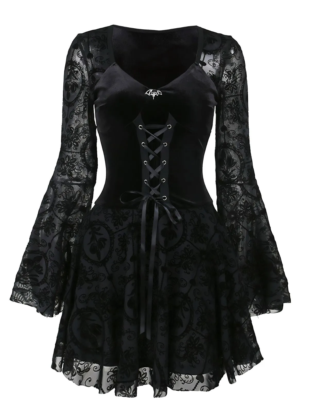Black 1960s Gothic Flocked Dress sold by Retro Stage