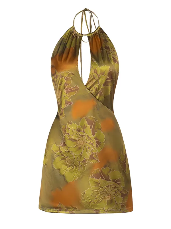Green 1960s Floral Halter Hollow Backless Dress sold by Retro Stage