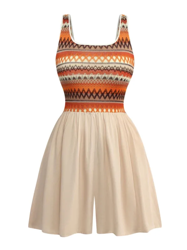 Apricot 1970s Boho Square Neck Patchwork Romper sold by Retro Stage