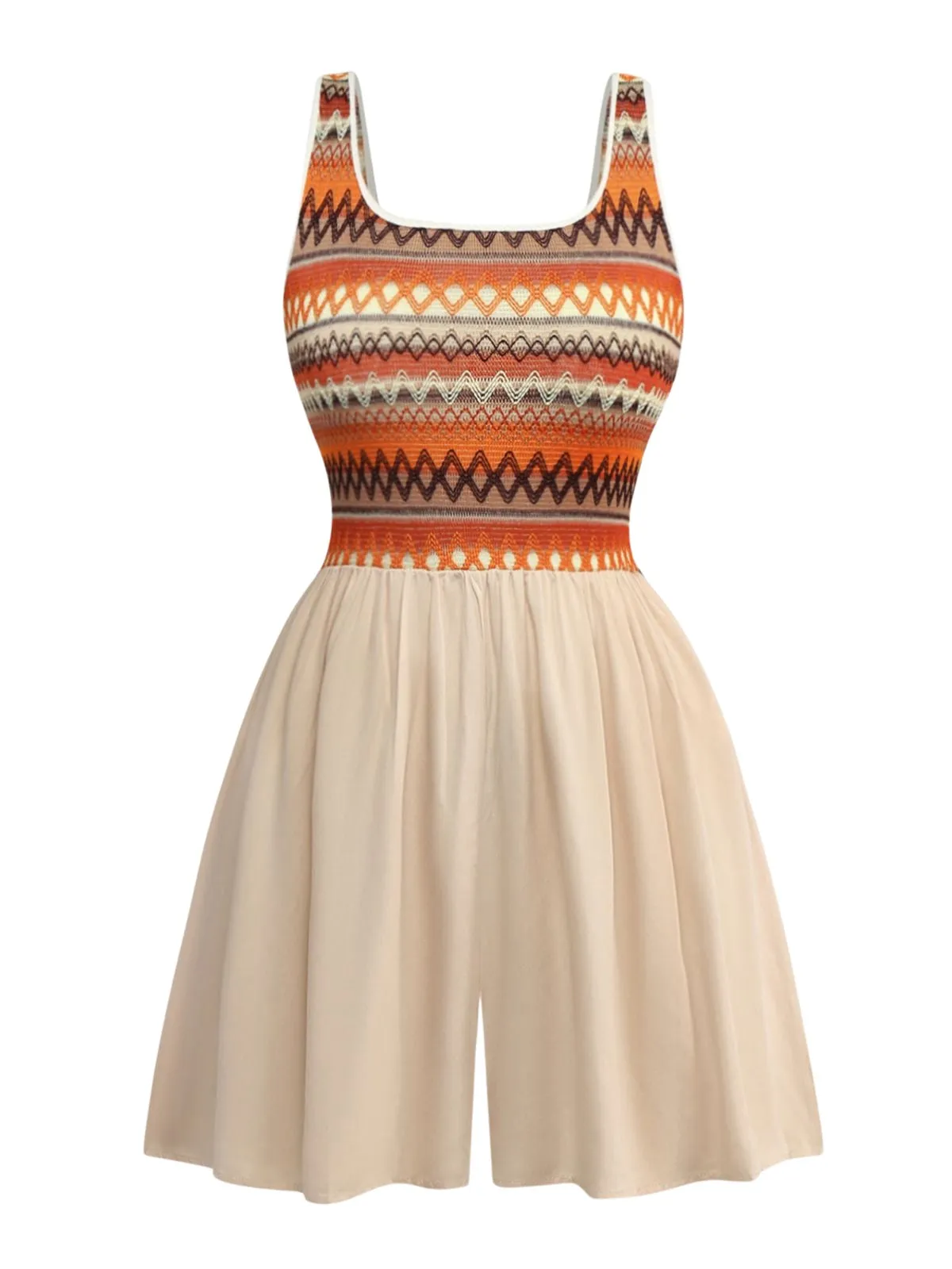 Apricot 1970s Boho Square Neck Patchwork Romper sold by Retro Stage