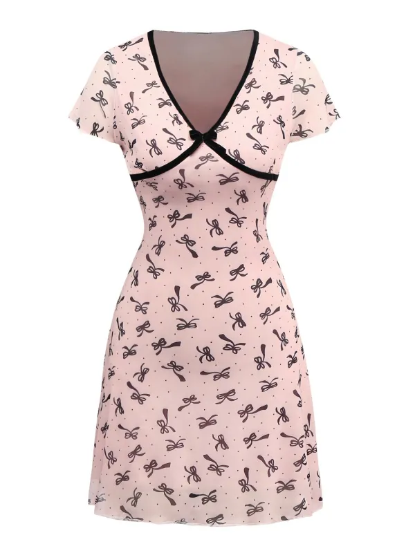 Pink 1960s Bow Print V-Neck Mesh Dress sold by Retro Stage
