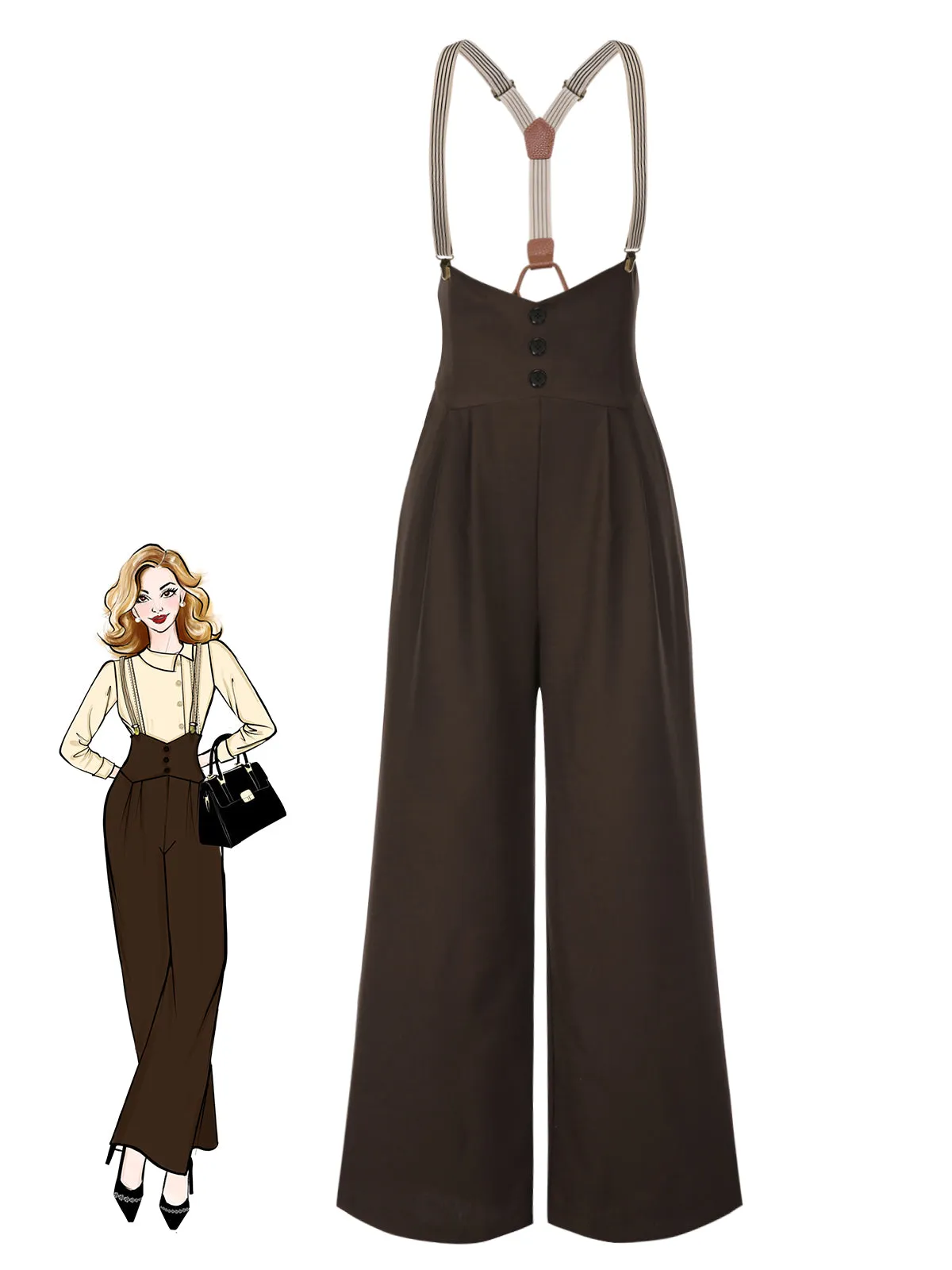 Dark Brown 1950s Button Suspender Pants sold by Retro Stage