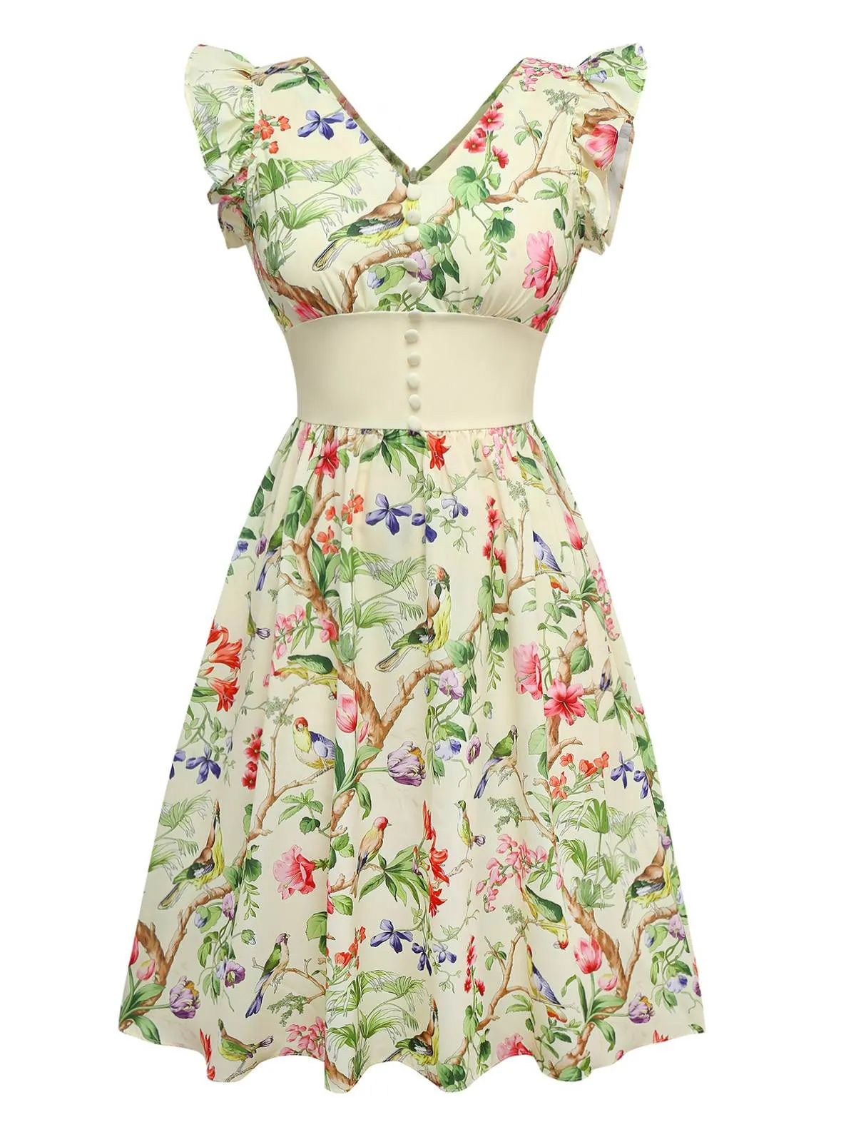 Yellow 1950s Floral Birds Ruffled Flutter Sleeve Dress sold by Retro Stage product image thumbnail 2