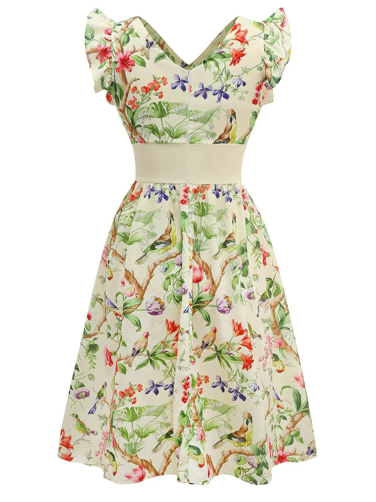 Yellow 1950s Floral Birds Ruffled Flutter Sleeve Dress sold by Retro Stage product image thumbnail 4