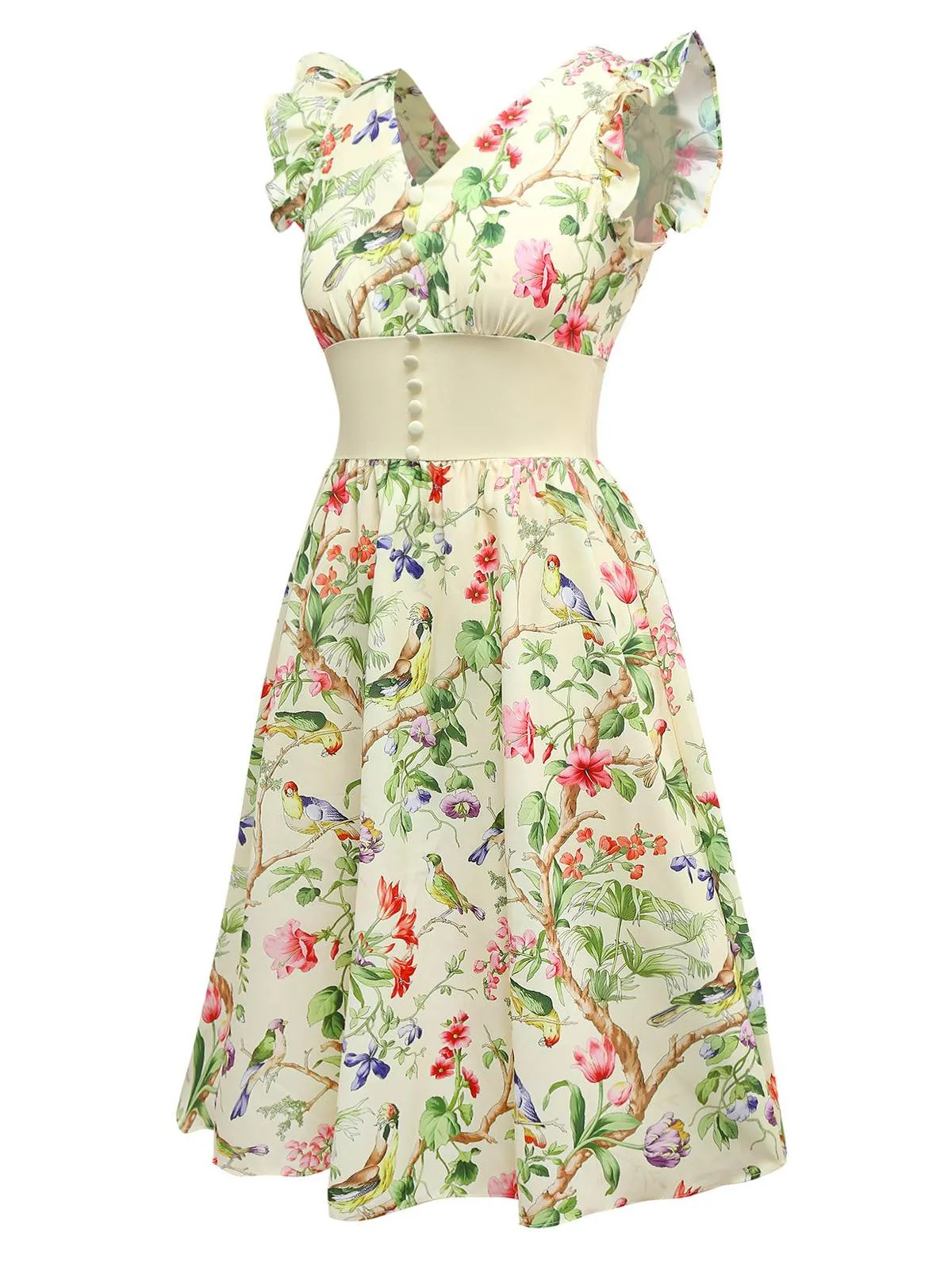 Yellow 1950s Floral Birds Ruffled Flutter Sleeve Dress sold by Retro Stage product image thumbnail 3