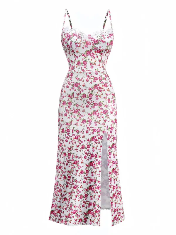 White 1940s Ditsy Floral Rose Slit Slip Dress sold by Retro Stage