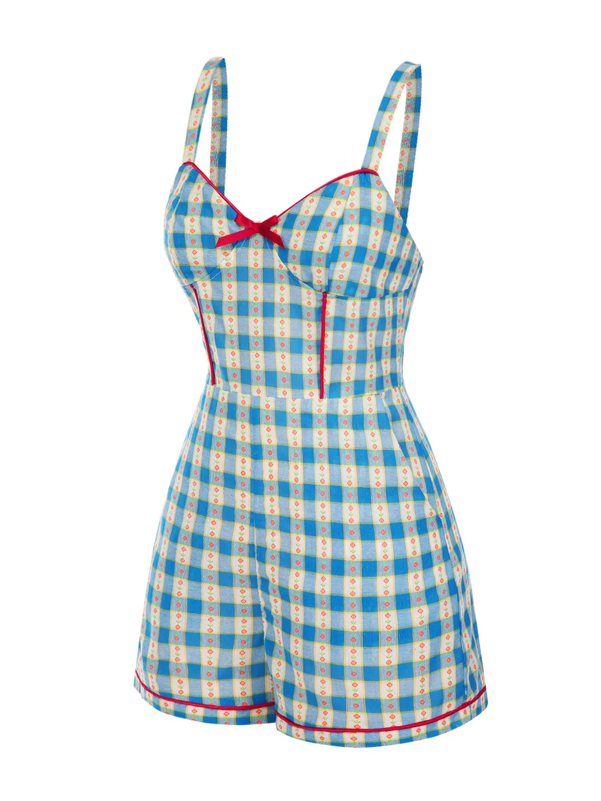 Blue 1950s Bow Gingham Plaid Floral Romper sold by Retro Stage product image thumbnail 3