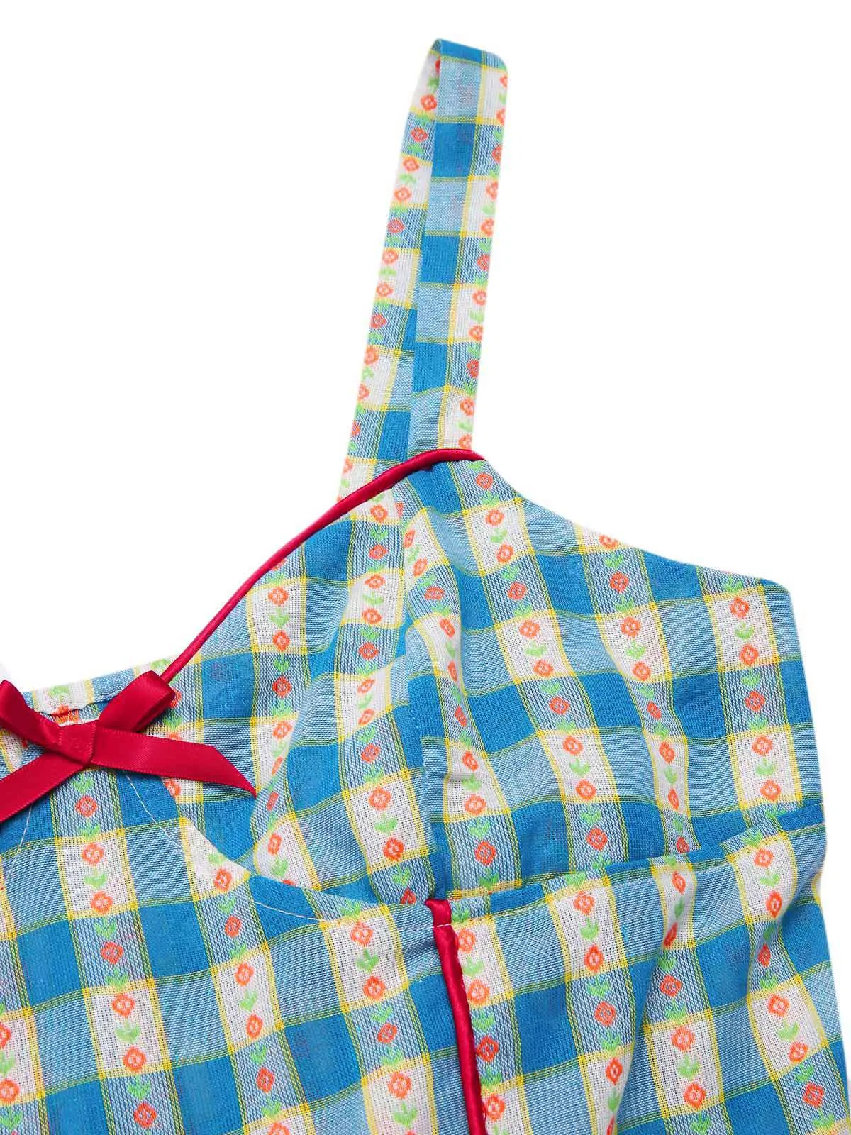 Blue 1950s Bow Gingham Plaid Floral Romper sold by Retro Stage product image thumbnail 5