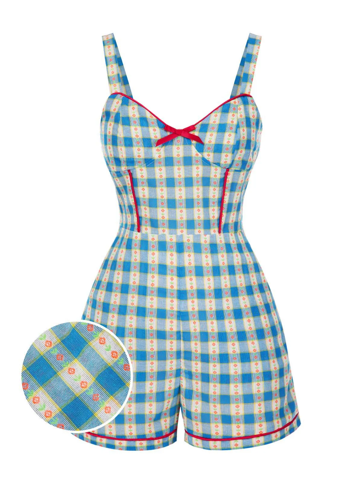 Blue 1950s Bow Gingham Plaid Floral Romper sold by Retro Stage