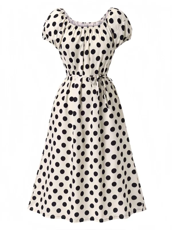 Beige 1940s Polka Dot Puff Sleeves Dress sold by Retro Stage