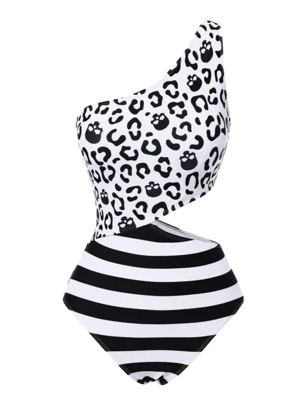 Black 1980s One-Shoulder Hollow Skull Stripe Swimsuit sold by Retro Stage