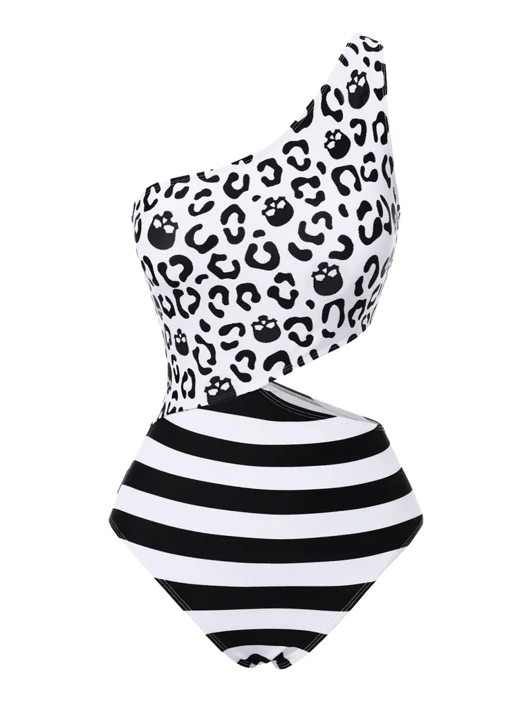 Black 1980s One-Shoulder Hollow Skull Stripe Swimsuit sold by Retro Stage