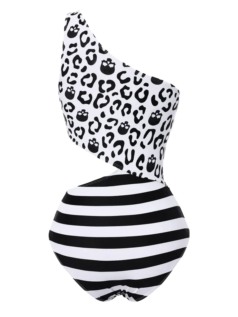 Black 1980s One-Shoulder Hollow Skull Stripe Swimsuit sold by Retro Stage product image thumbnail 2