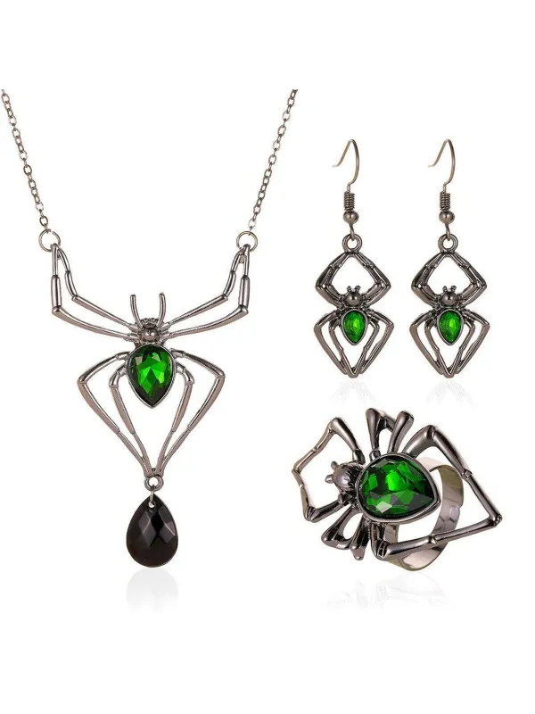 3PCS Green Spider Necklace & Earrings & Ring Set sold by Retro Stage